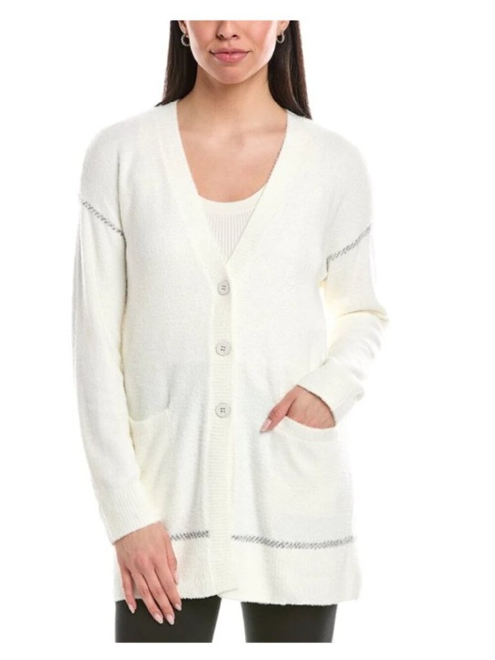 NWT Barefoot Dreams CozyChic Lite Contrast Trim Cardigan - Pearl/Carbon
